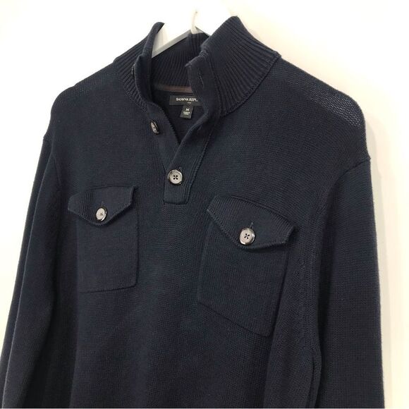 Banana Republic Factory Navy Blue 100% Cotton Quarter Button Pullover Sweater - Picture 5 of 16
